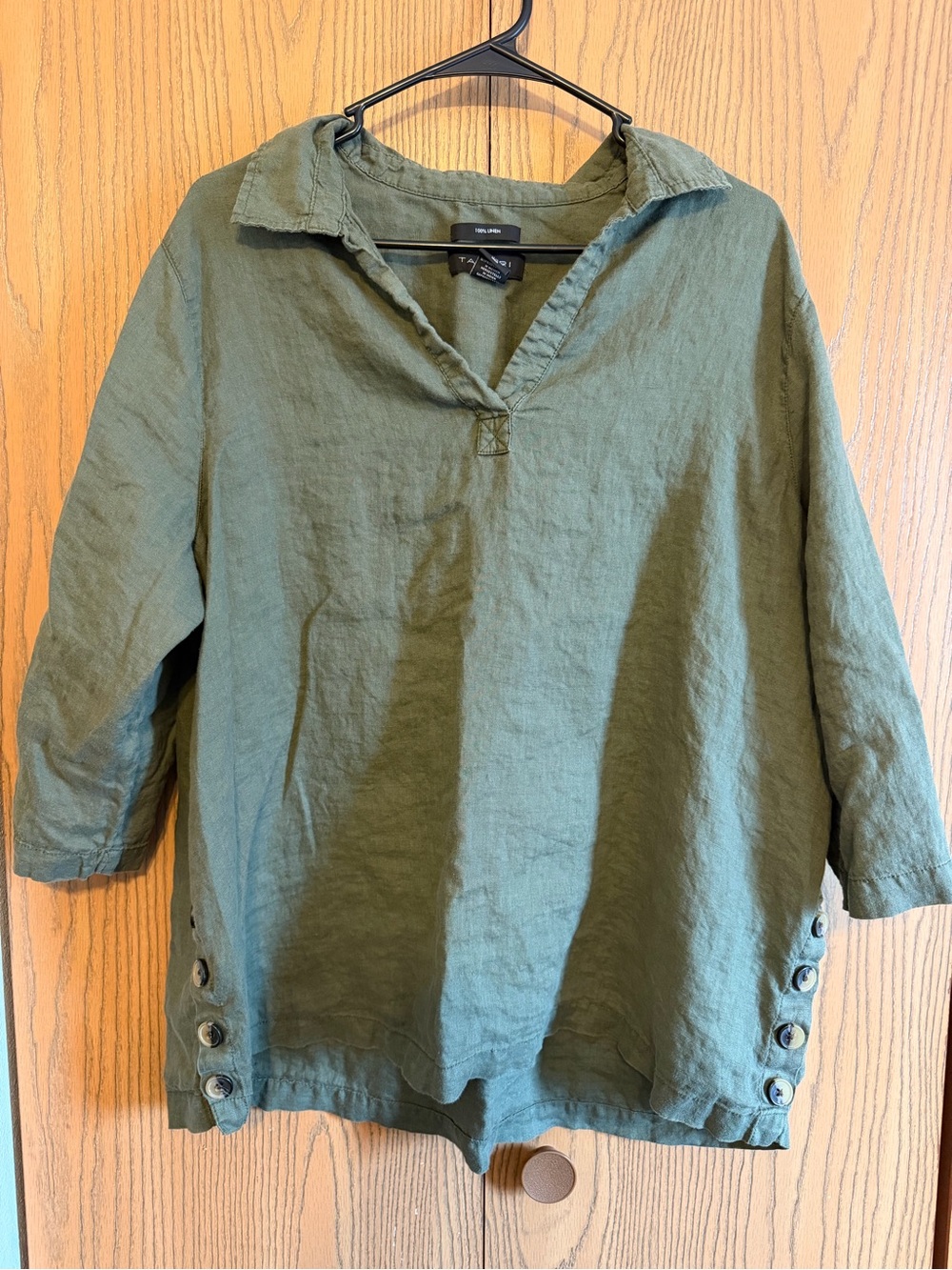 Tahari Olive Green 100% Linen Button-Hem Pullover Top